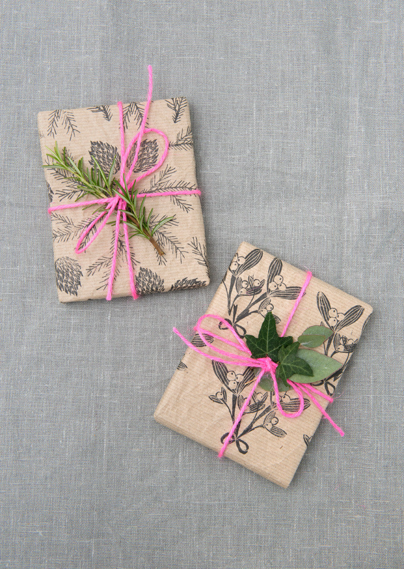 Brown paper stamped Christmas gift wrap