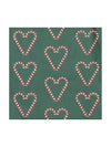 Pattern of red and white candy canes shaped like hearts on a green background