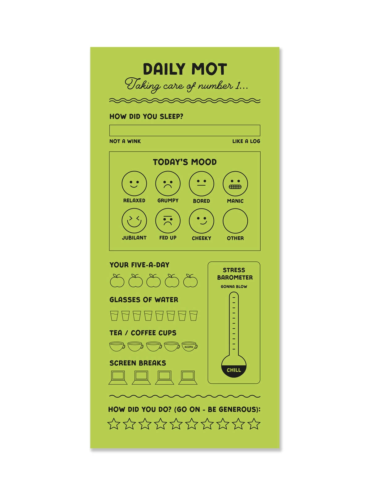 Green daily motivation checklist with various health and wellness questions on a white background