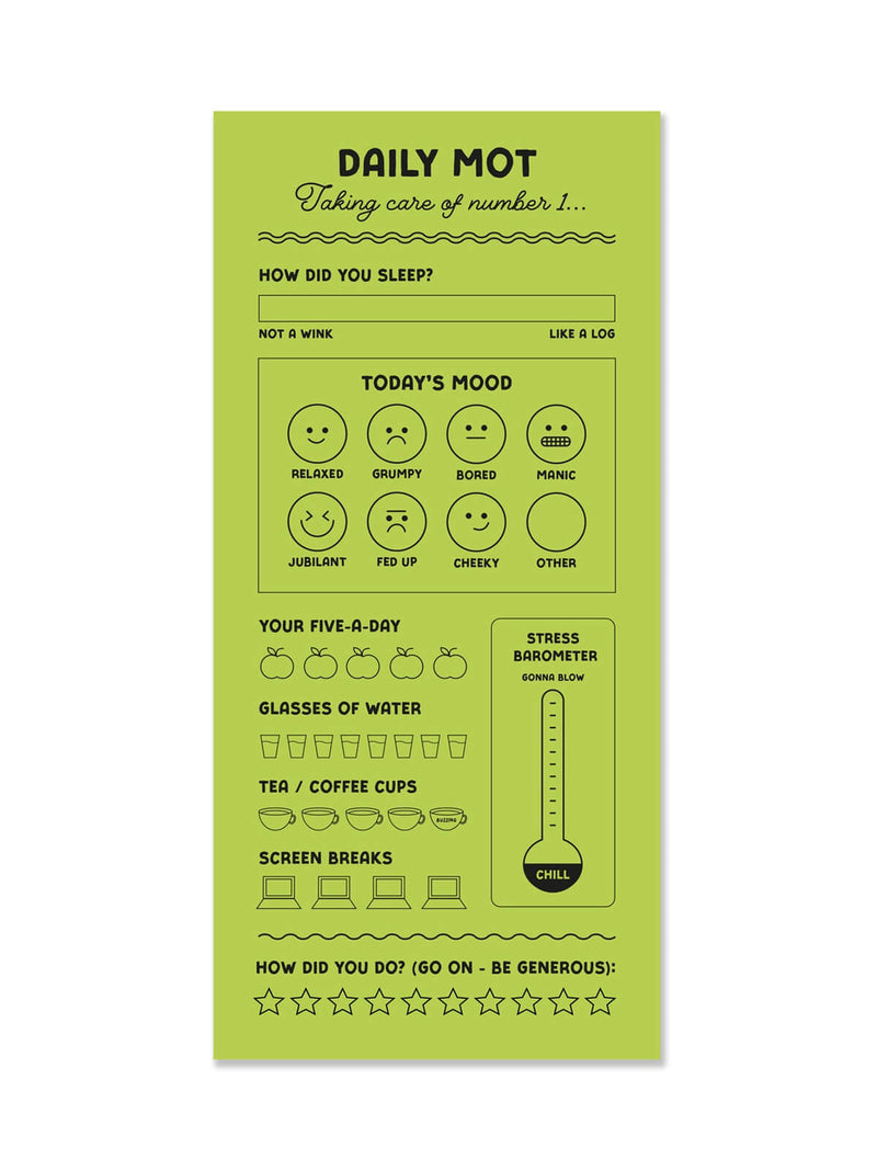 Green daily motivation checklist with various health and wellness questions on a white background