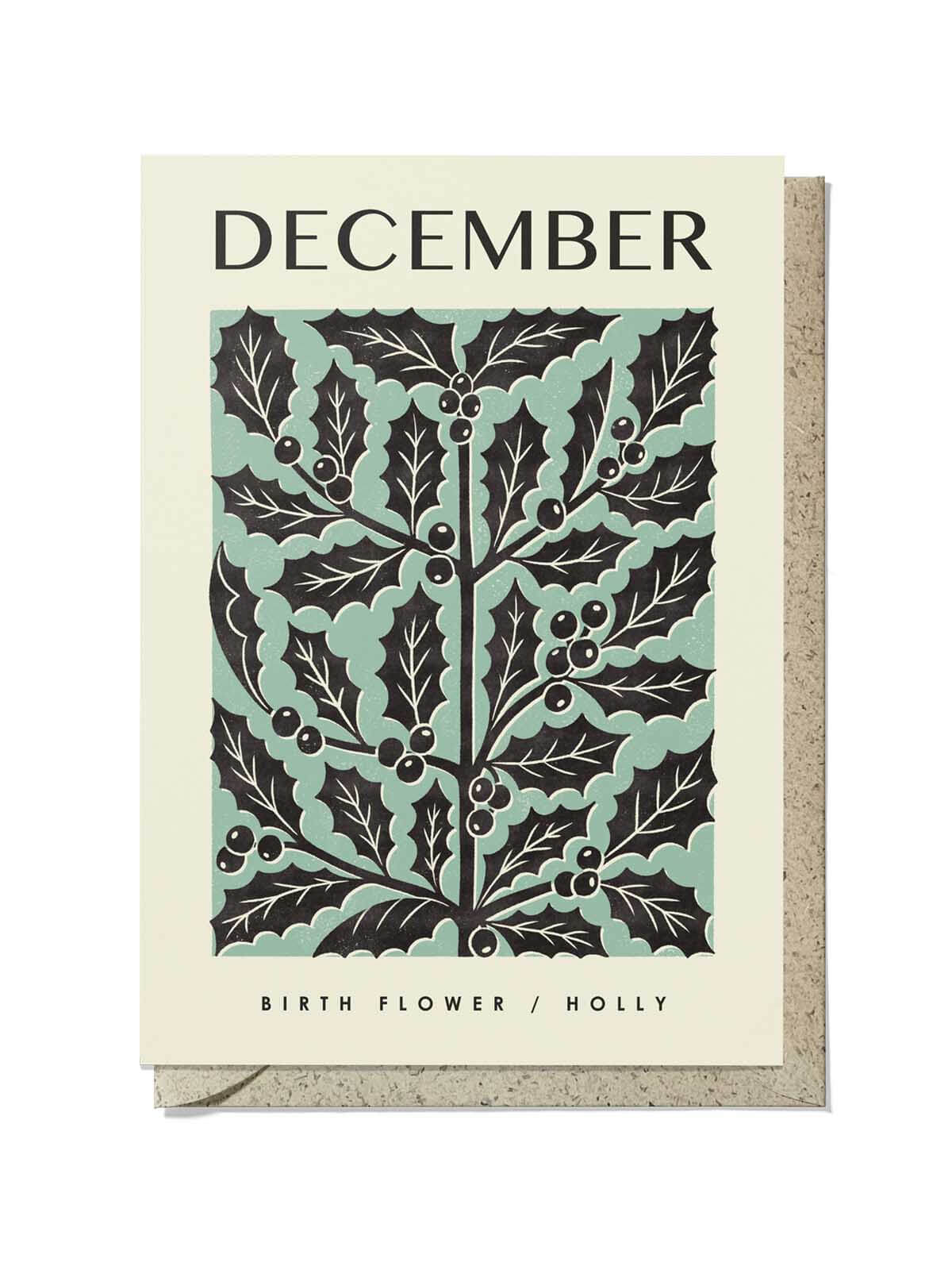 A birth flower and holly design greeting card for December with a natural grass envelope, printed in the UK.