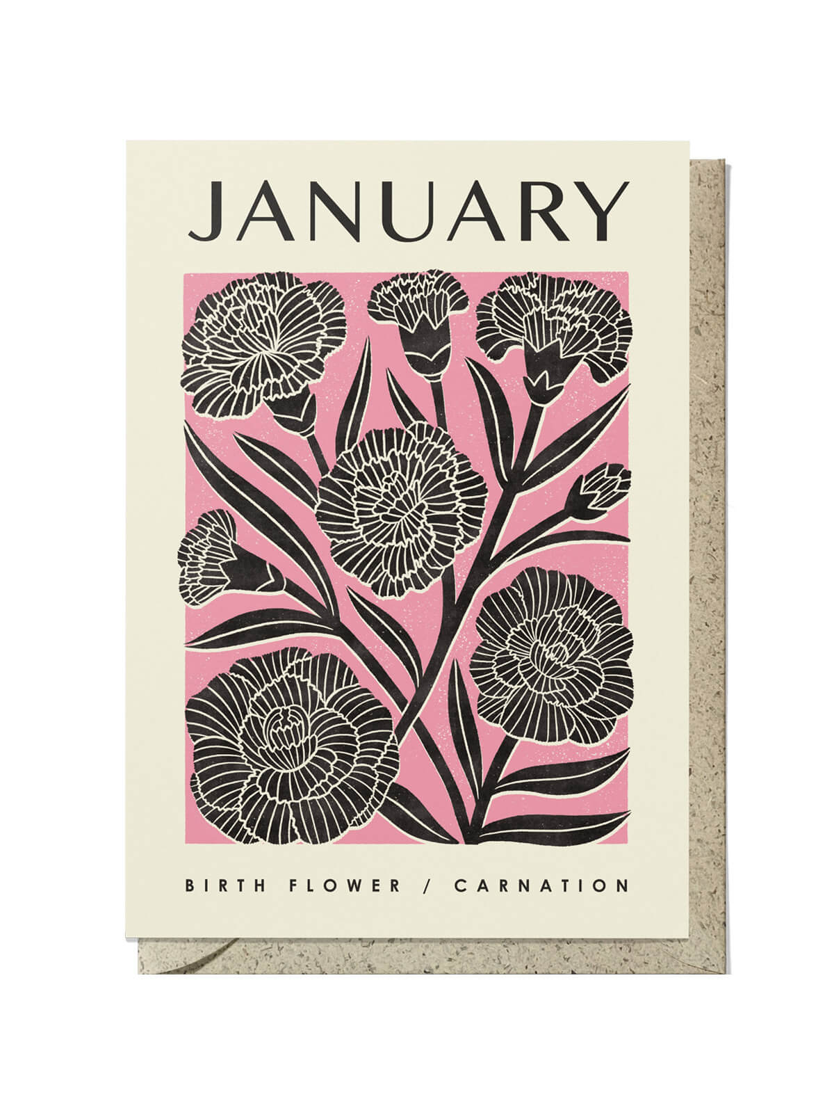 A floral January birth flower birthday card with a pink and black design featuring carnations