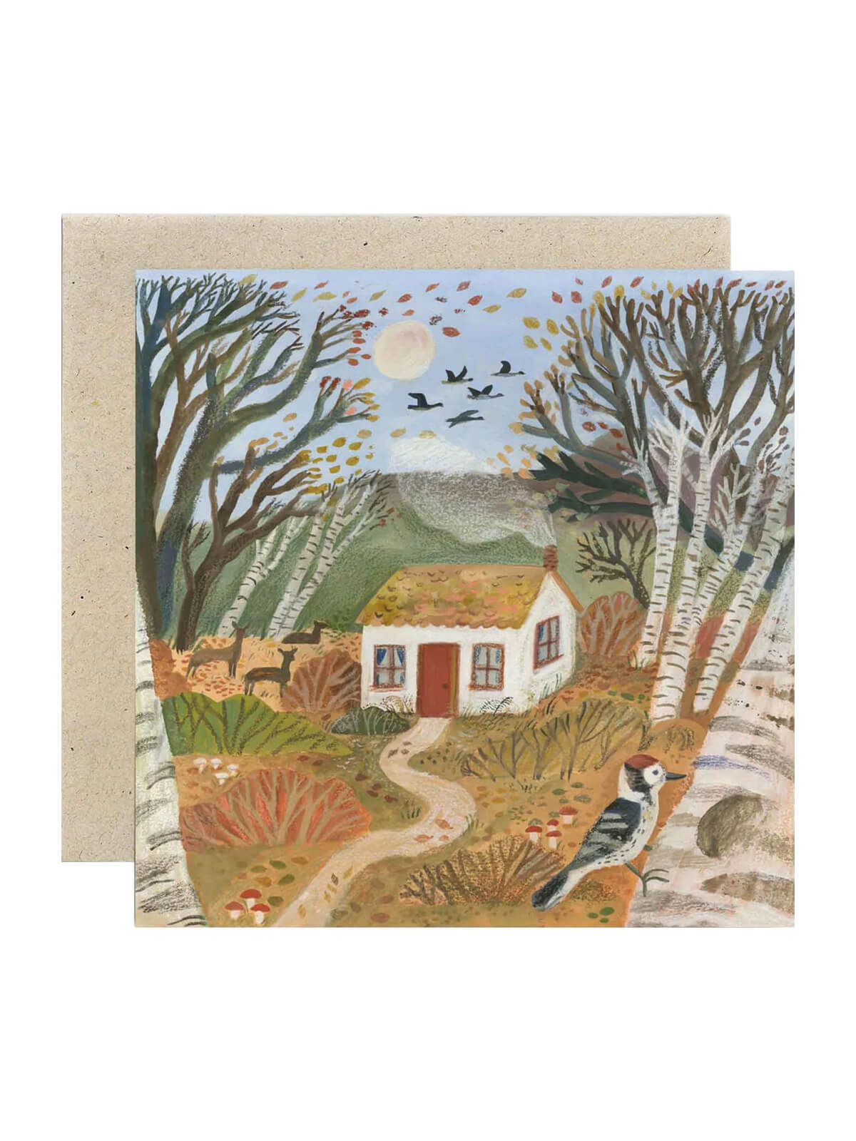Greeting card by Gemma Koomen with a scenic illustration of an autumn cottage, trees, and birds.