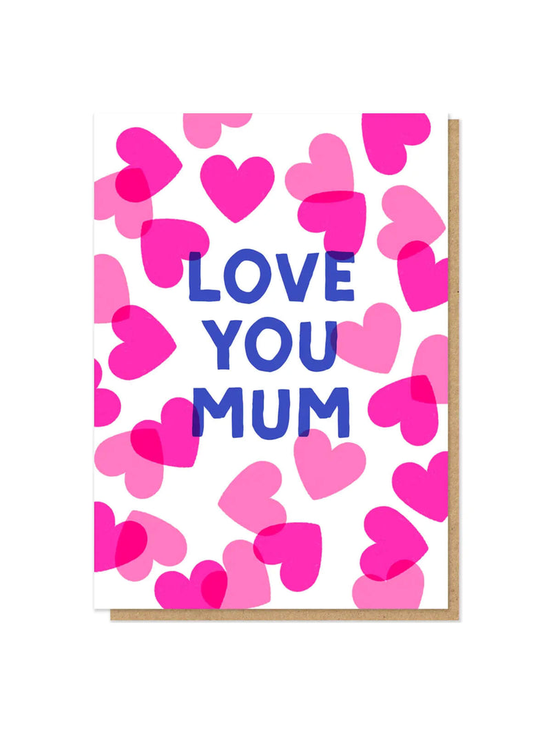 Card with pink hearts and 'LOVE YOU MUM' text on a white background