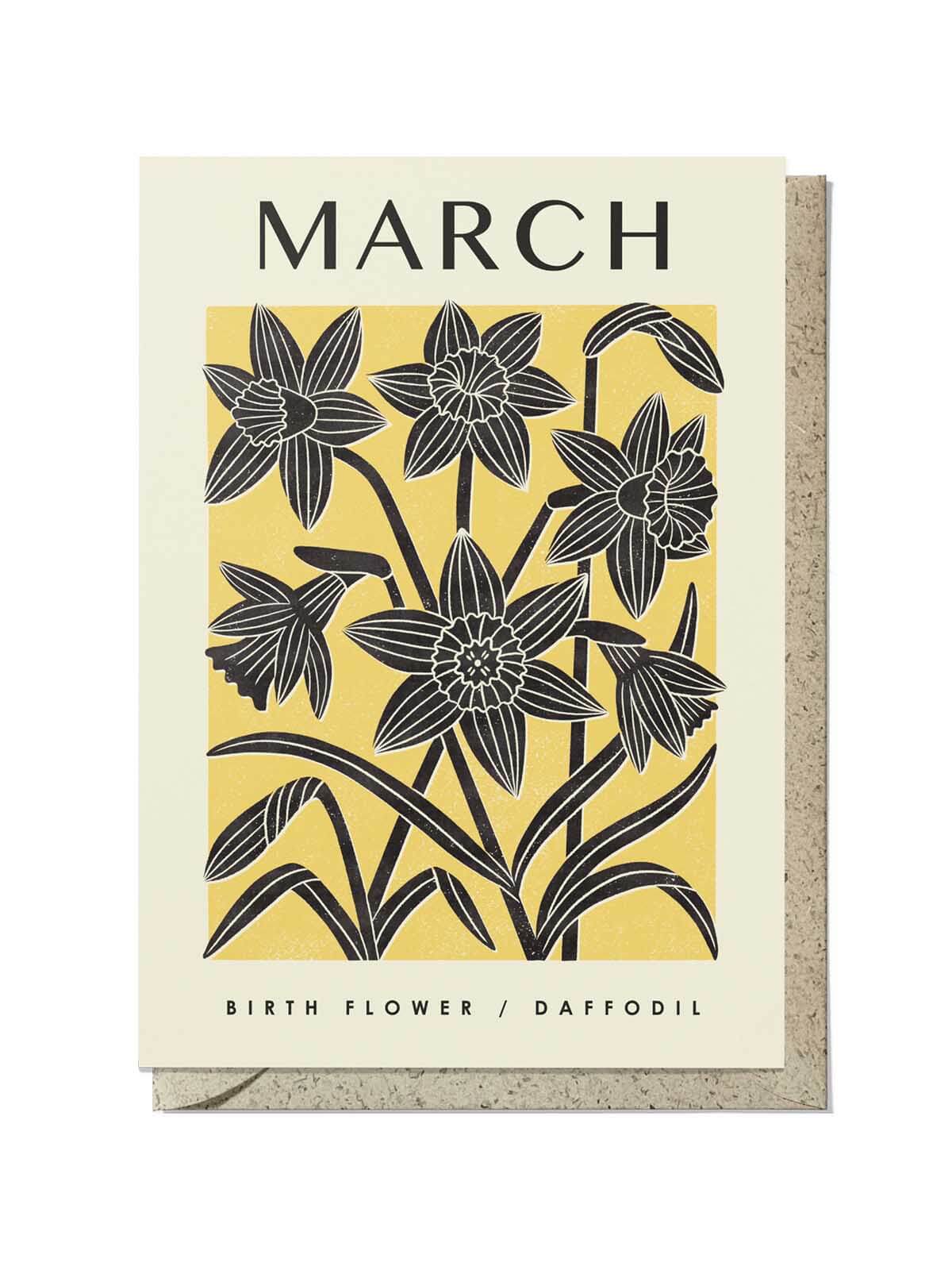 A birth flower birthday card for March featuring a design of daffodils on a yellow background