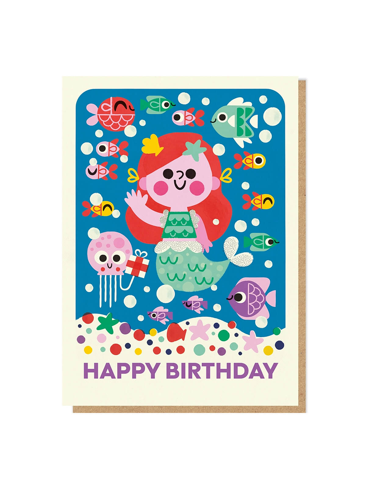 Birthday card with a cartoon mermaid and sea creatures on a blue background