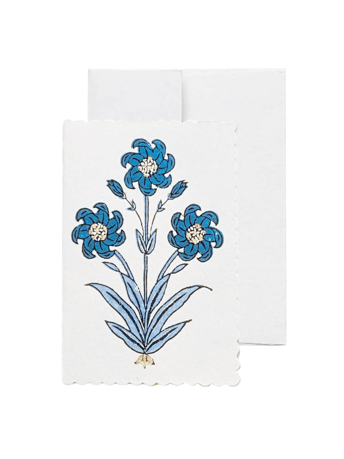 White cotton block printed card with blue floral design and scalloped edges.