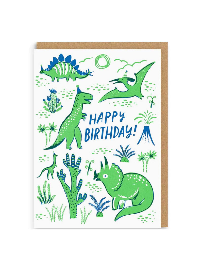 Neon dino party birthday card
