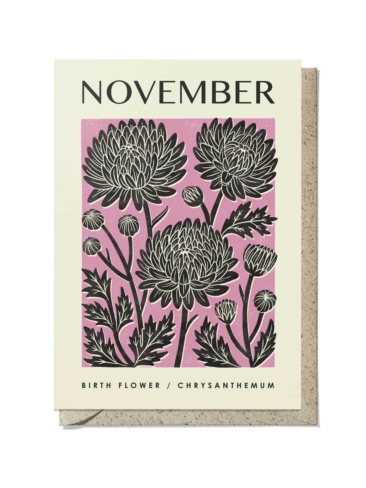 A November birth flower birthday card with a floral design featuring chrysanthemums