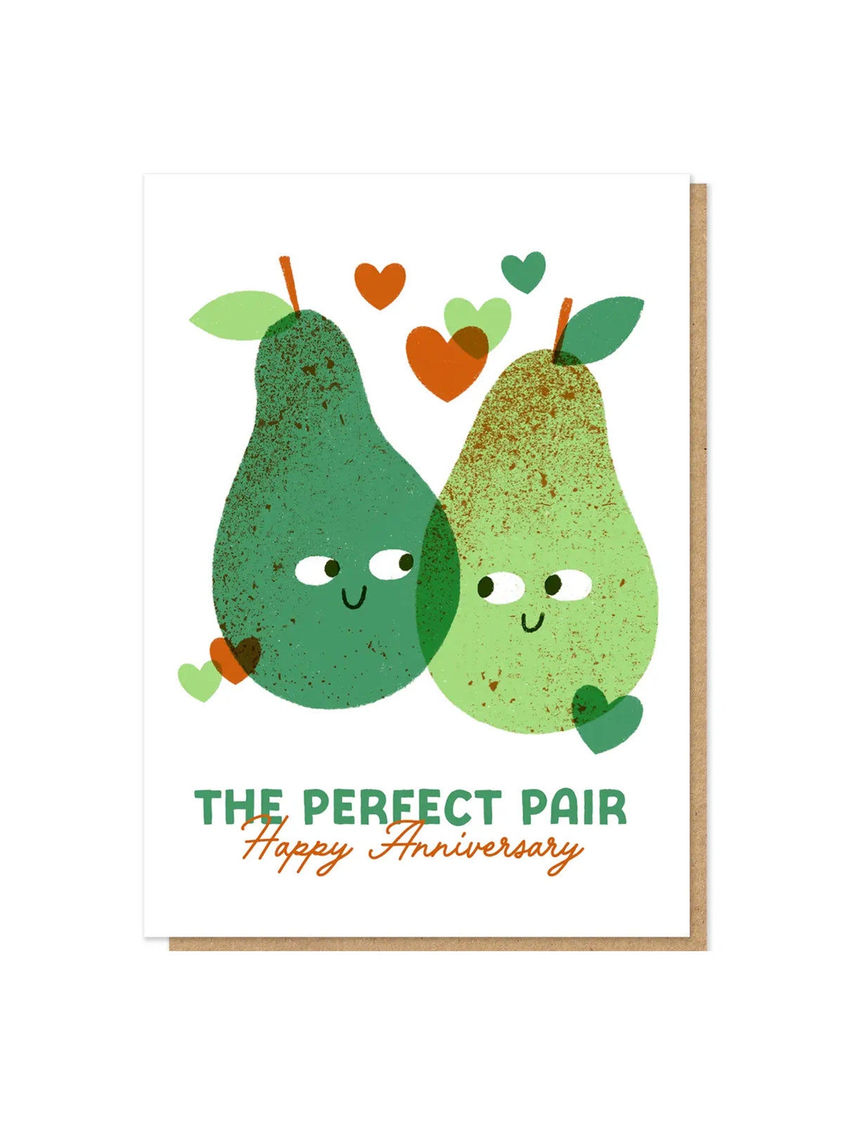 Card with two cartoon pears and hearts, labeled 'The Perfect Pair Happy Anniversary'.