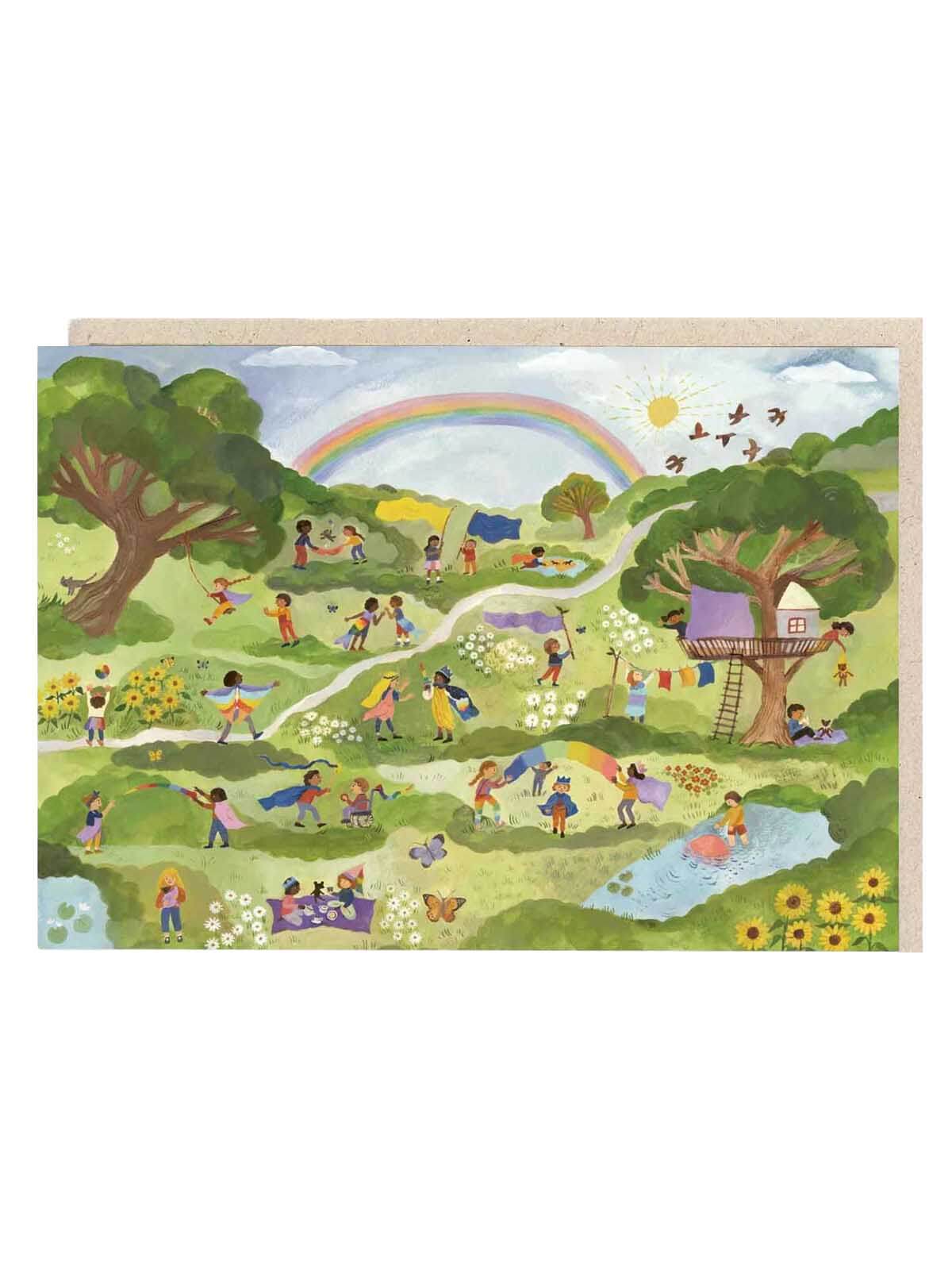 Children's illustration of a colorful landscape with trees, flowers, and children playing.