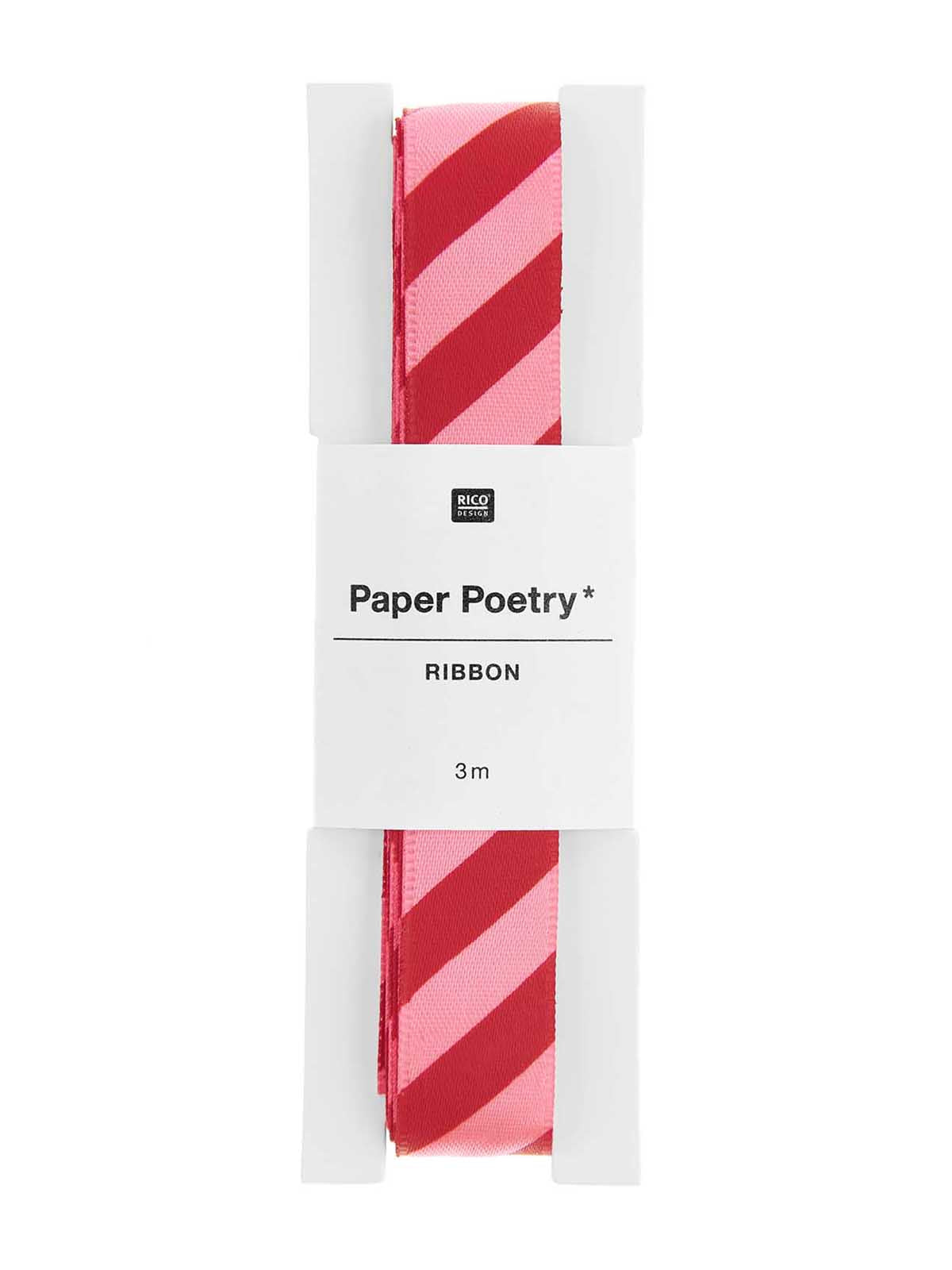 A red and pink striped ribbon packaged and labeled as 'Paper Poetry Ribbon', with 3 meters length and 1.6 cm width.