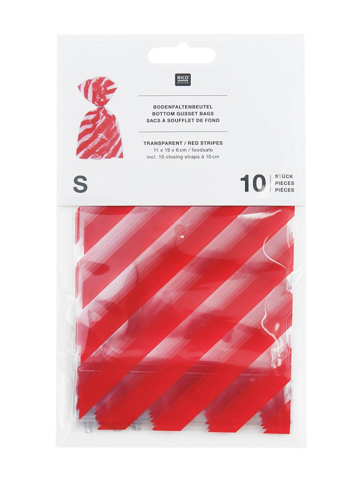 Pack of red and clear bottom gusset bags with visible branding on a white background