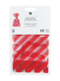 Pack of red and clear bottom gusset bags with visible branding on a white background