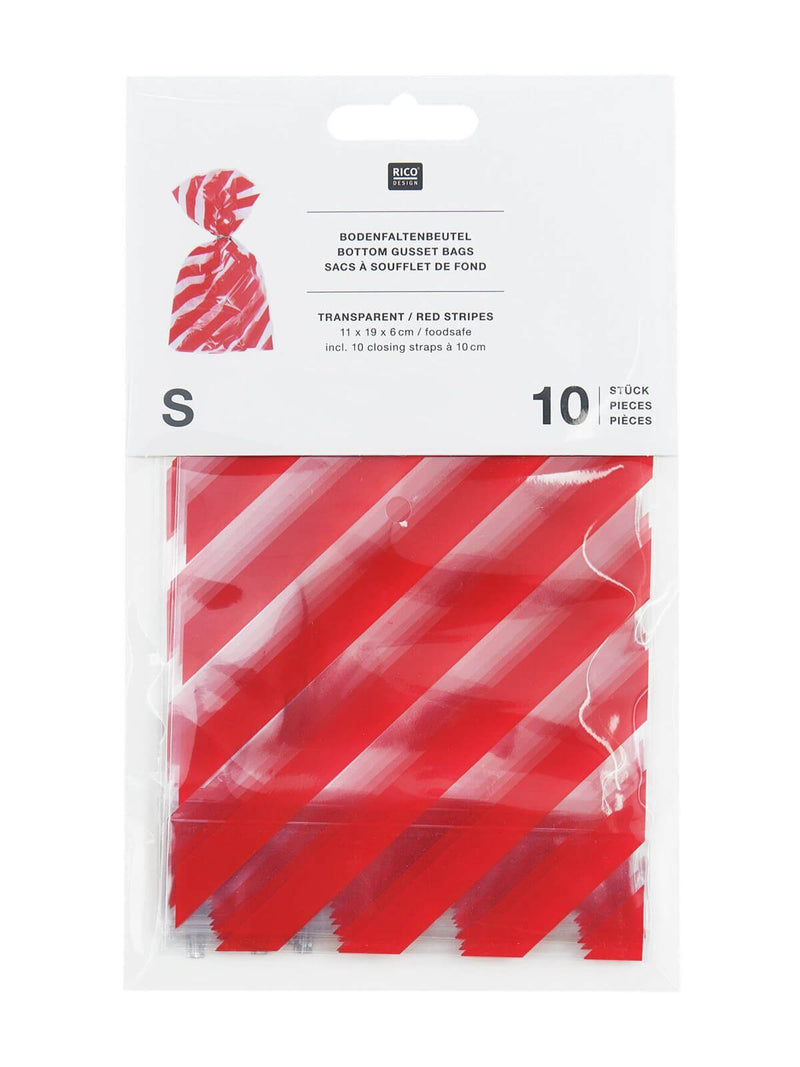 Pack of red and clear bottom gusset bags with visible branding on a white background