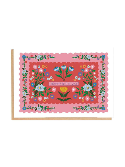 Red floral folk birthday card