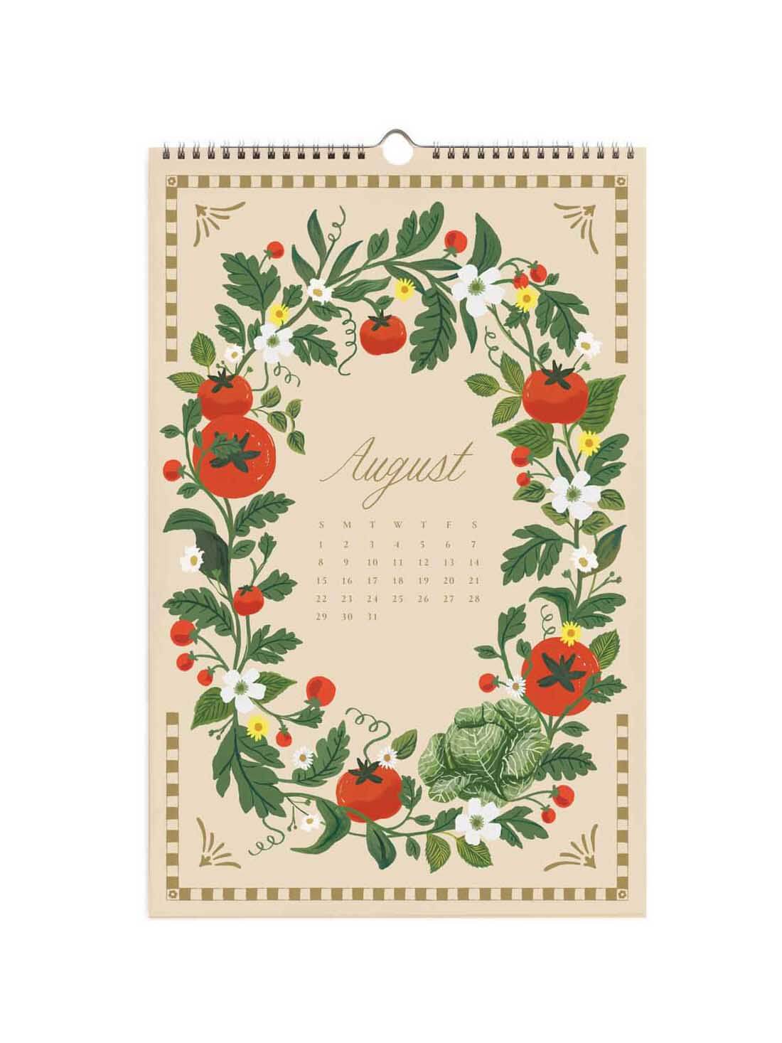 A spiral-bound August wall calendar featuring a vintage botanical illustration of tomatoes, lettuce, and white flowers in a wreath-like border on a cream background.