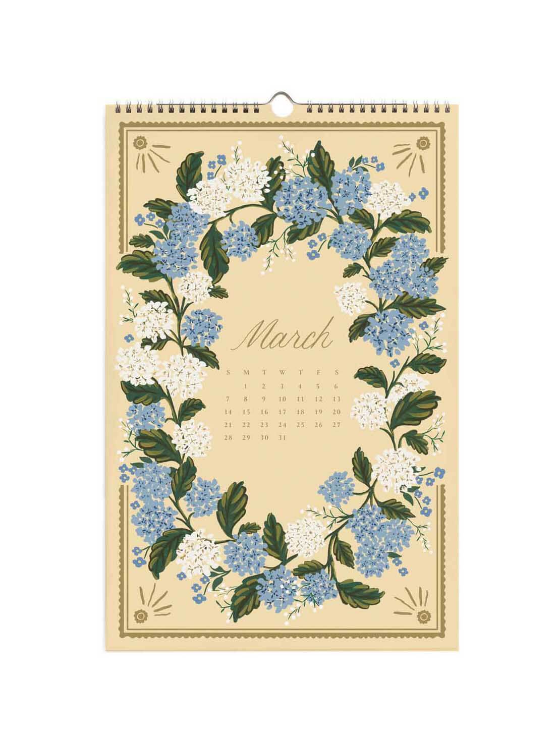 A vintage-style hanging calendar page for March, featuring a cream background decorated with a border of blue and white flowers and green leaves.
