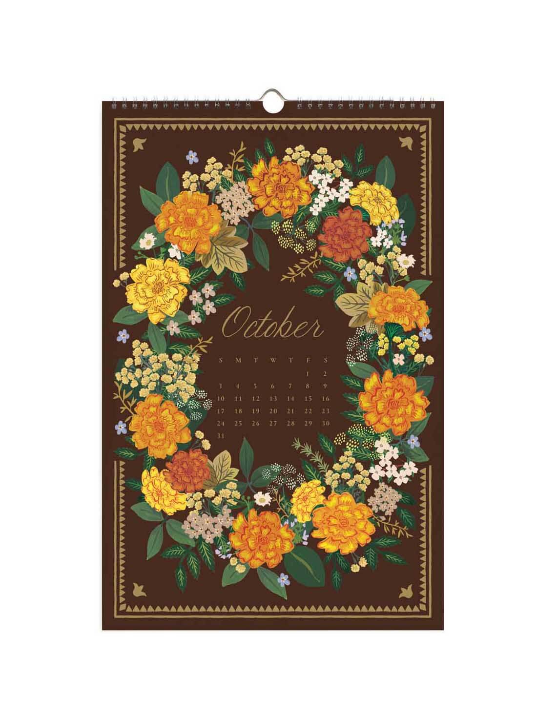 A vertical wall calendar page for October with a dark brown background, surrounded by a large floral wreath in yellow, orange, and green tones. The word 'October' is written in the center above a small monthly calendar grid.