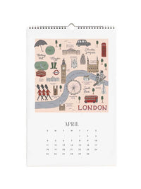 A spiral-bound April calendar page featuring an illustrated map of London with landmarks, a river winding through the city, and a monthly calendar grid below on a white background.