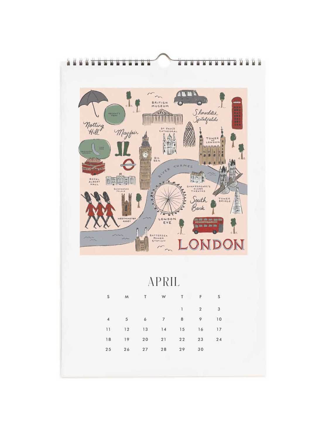 A spiral-bound April calendar page featuring an illustrated map of London with landmarks, a river winding through the city, and a monthly calendar grid below on a white background.