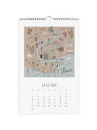A spiral-bound January calendar page featuring a hand-drawn map illustration of Venice, Italy, with the month name and calendar grid below on a white background.
