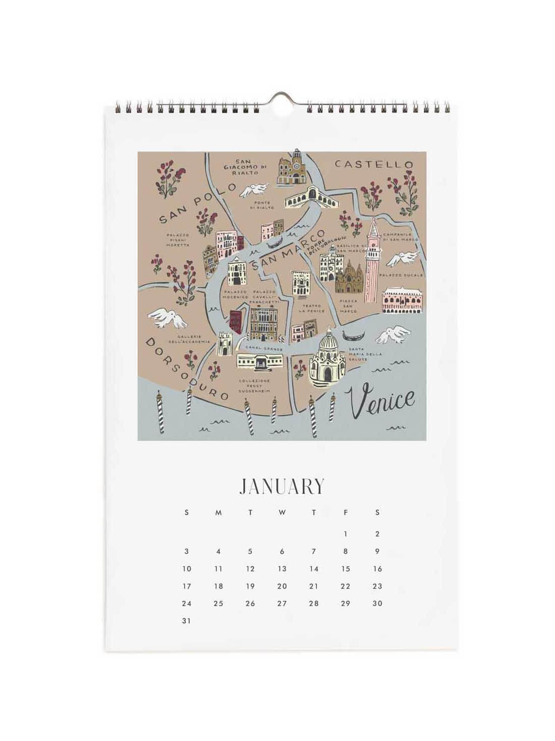 A spiral-bound January calendar page featuring a hand-drawn map illustration of Venice, Italy, with the month name and calendar grid below on a white background.