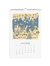 A spiral-bound November calendar page featuring an illustrated map of Sydney, New South Wales, with a calendar grid below on a white background.