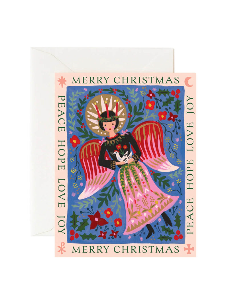 Christmas card with an angel design and festive text on a white background