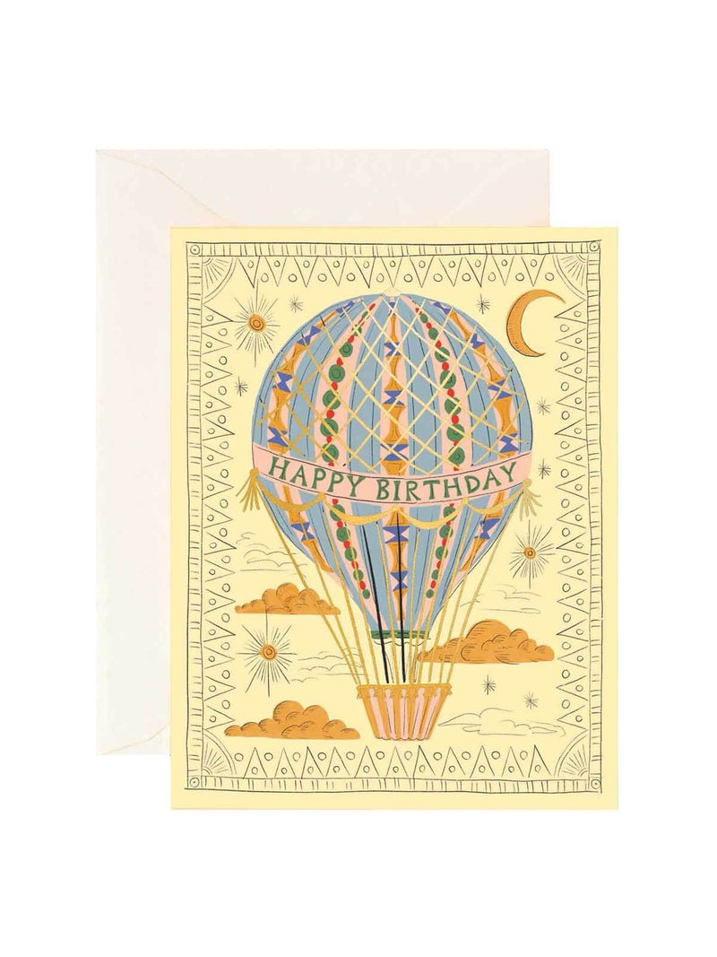 Greeting card with a hot air balloon design and 'Happy Birthday' text 