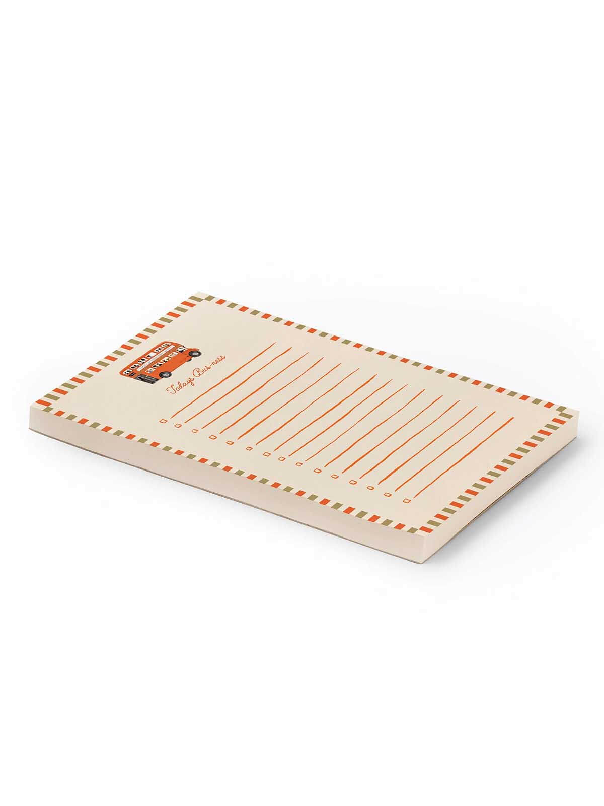 A cream-colored notepad with orange horizontal lines, an orange and black logo in the top-left corner, and a decorative orange and green striped border, shown on a white background.