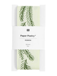 A packaged paper ribbon with a green pine branch pattern on a pale cream background, wrapped in a white paper band labeled 'Paper Poetry RIBBON 38 mm 3 m'.