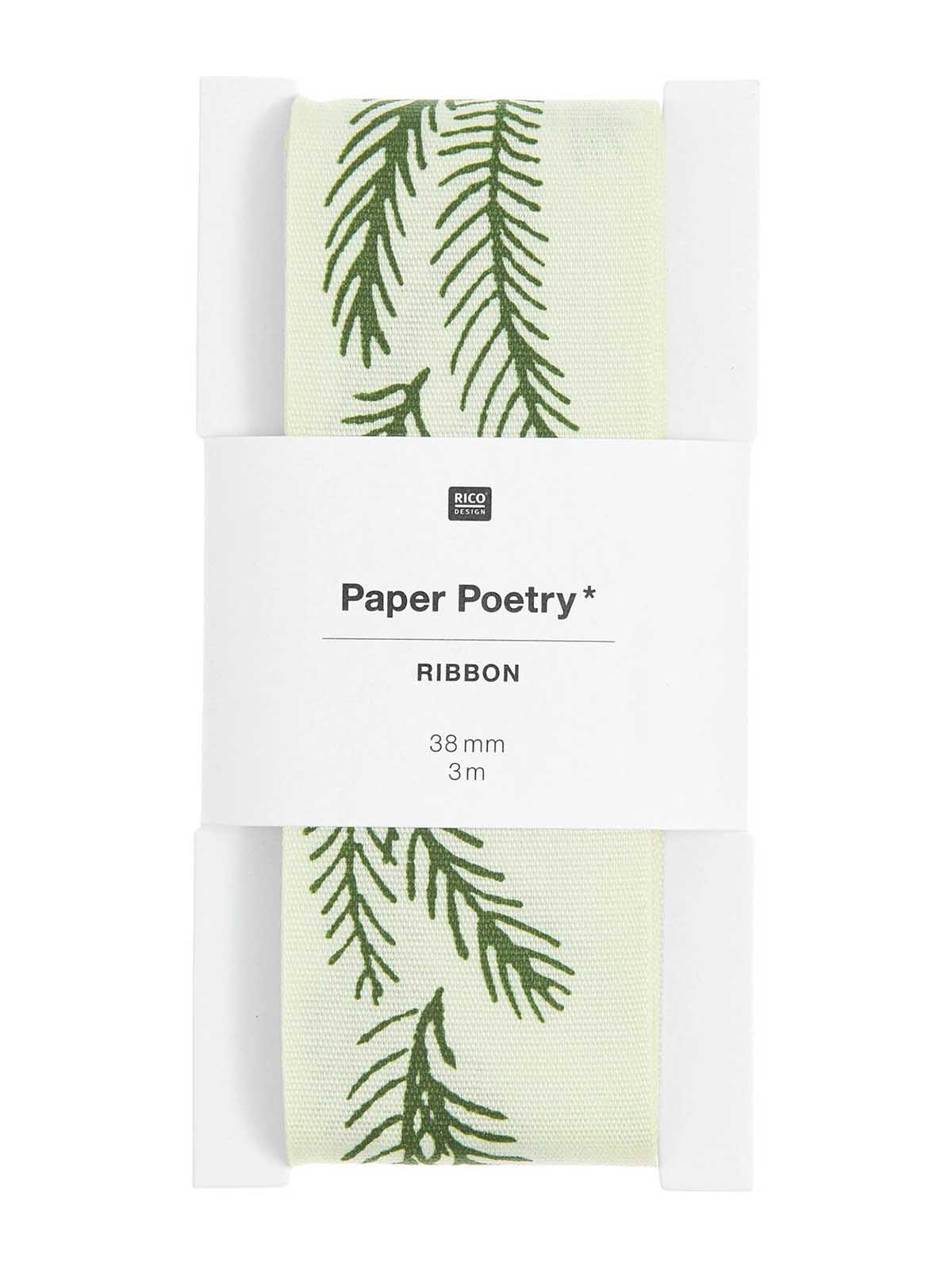 A packaged paper ribbon with a green pine branch pattern on a pale cream background, wrapped in a white paper band labeled 'Paper Poetry RIBBON 38 mm 3 m'.