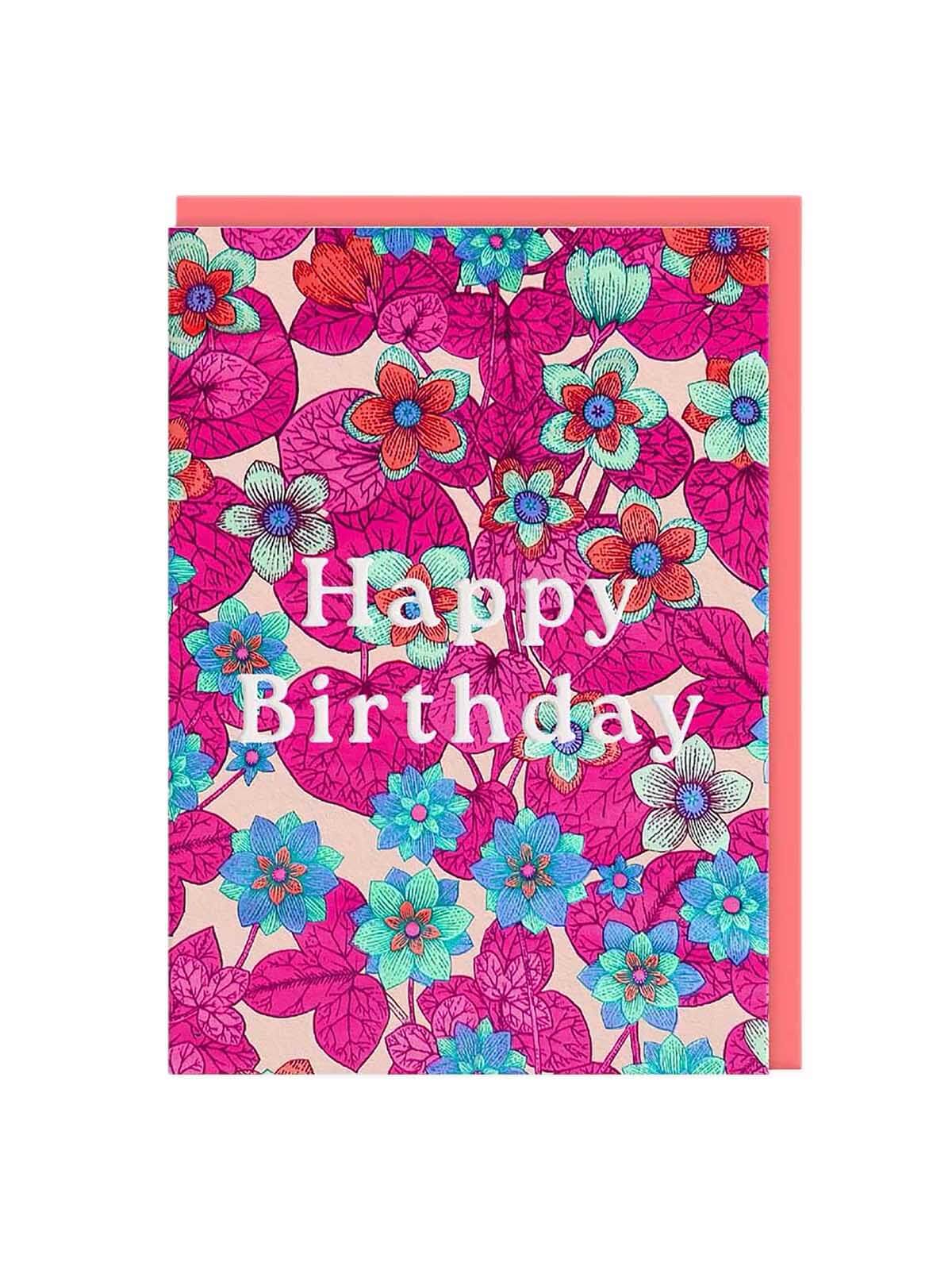 Floral birthday card with colourful flowers and 'Happy Birthday' text on a pink border.