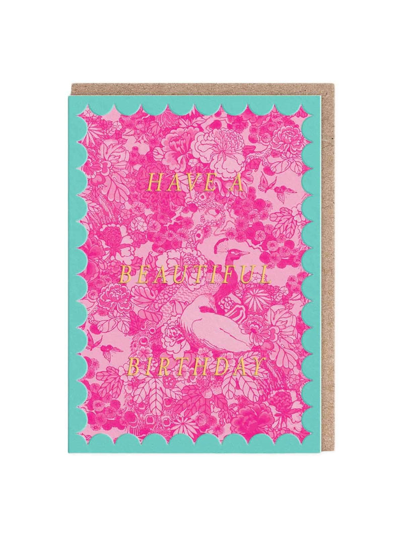 V_A scalloped pink peacock birthday card