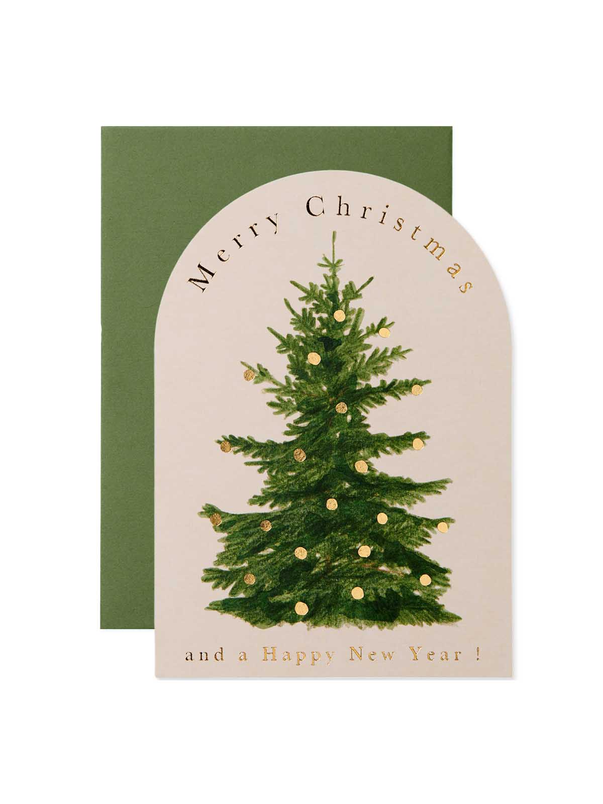 A Christmas greeting card with an arched cream front featuring a green Christmas tree with gold ornaments and the text 'Merry Christmas and a Happy New Year!', shown with a dark green envelope behind it on a white background.