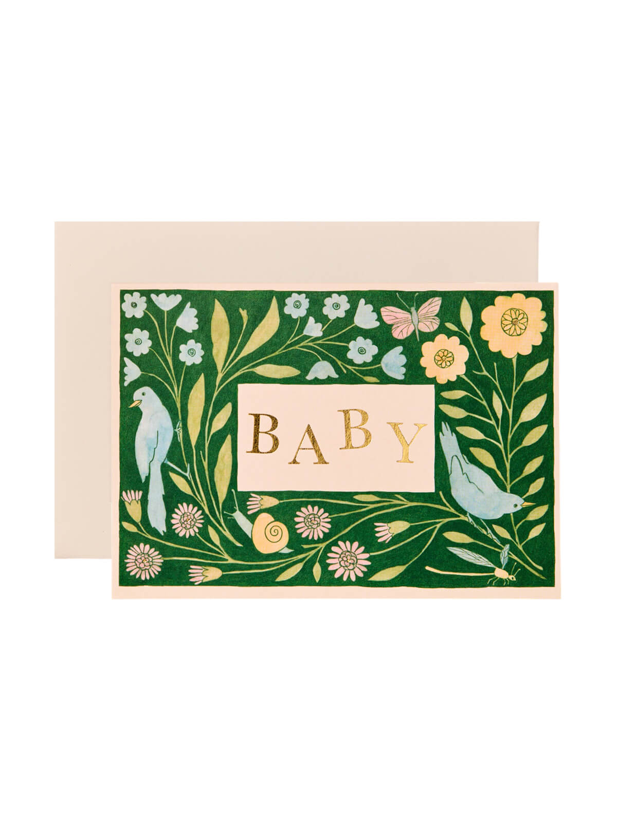 Greeting card with floral design and 'BABY' text on a green background