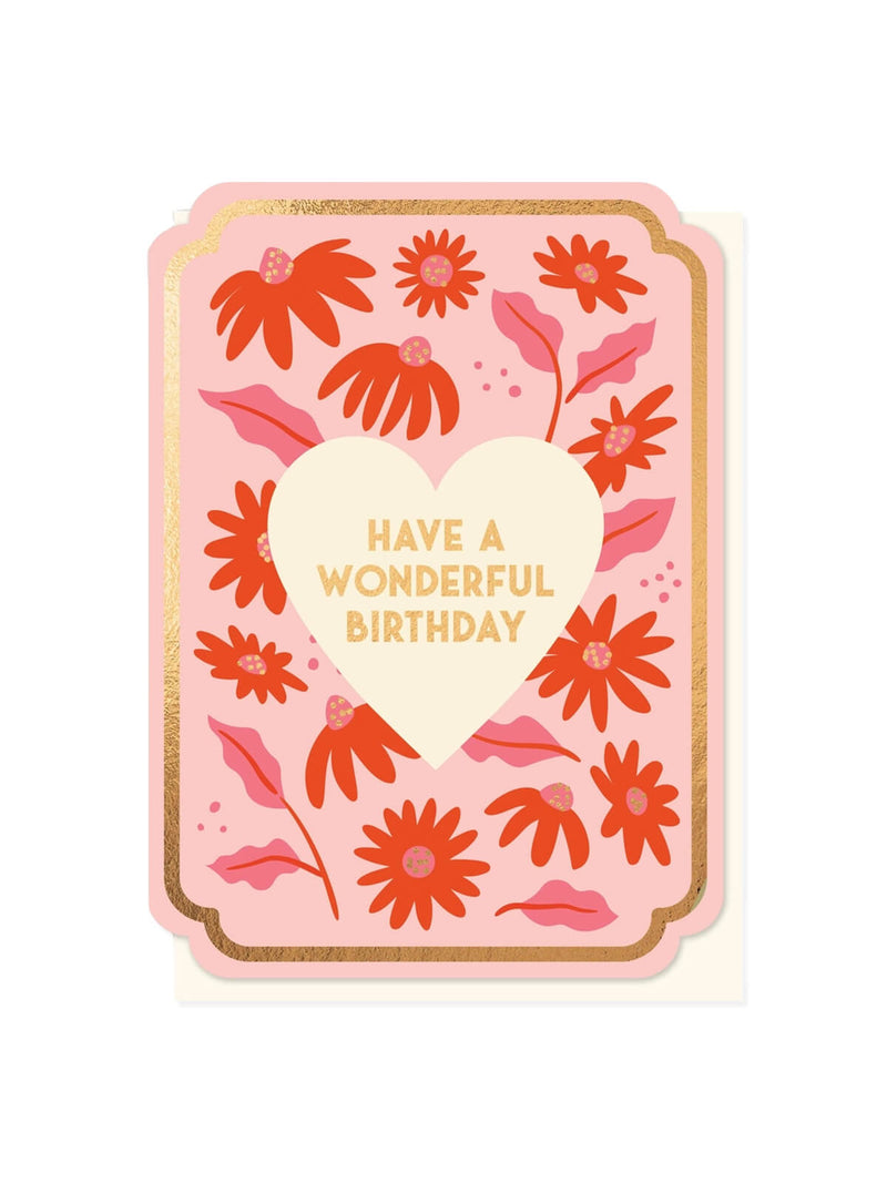 Pink birthday card with floral design and 'Have a Wonderful Birthday' text