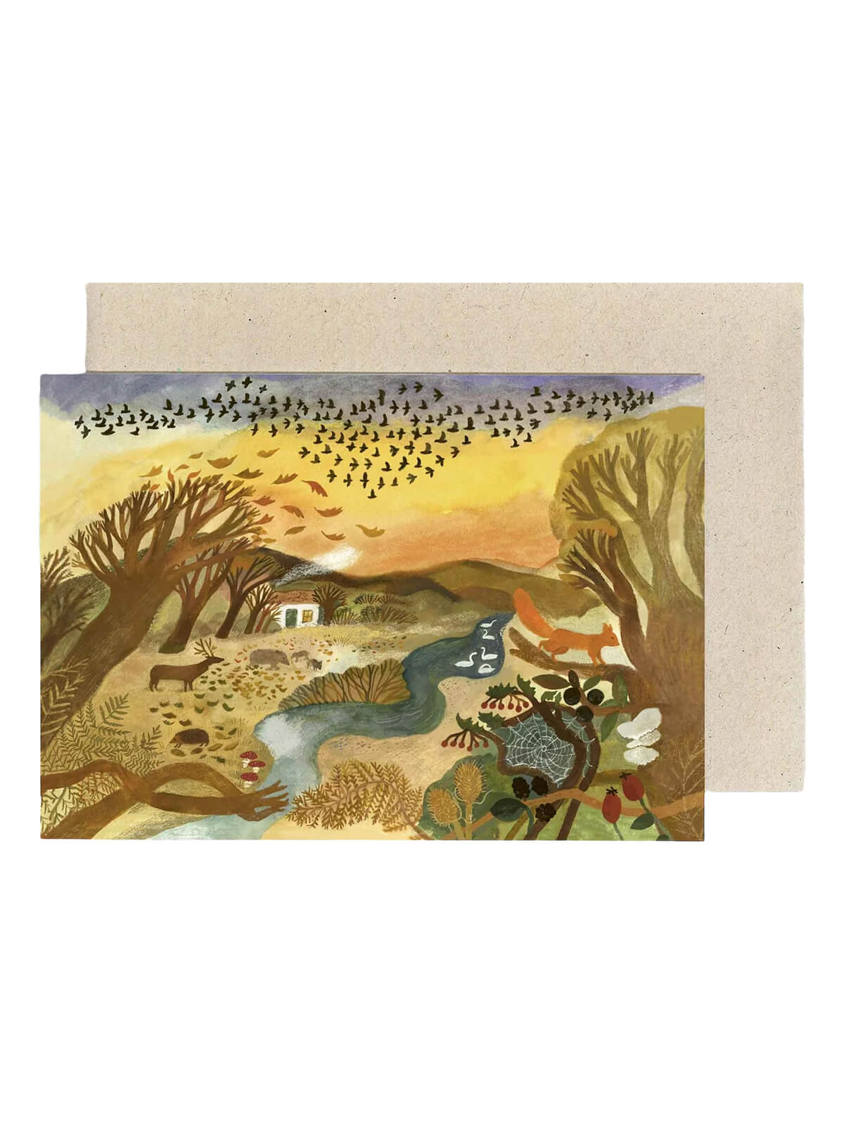 Greeting card with autumn nature-themed illustration of animals and landscape on a beige envelope.